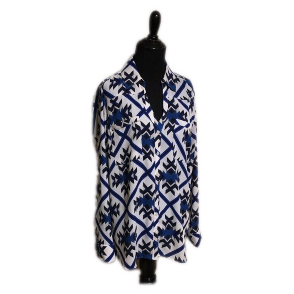 Express Aztec Print Blue, Black & White Button Up